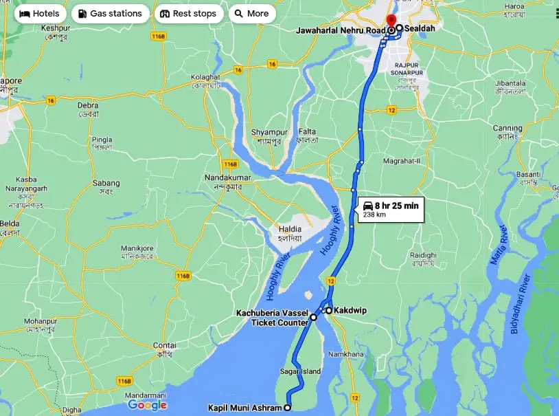 Gangasagar from Kolkata map