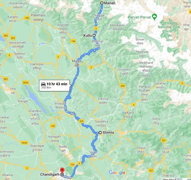 Shimla Kullu Manali chandigarh route map