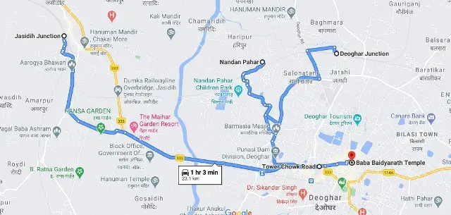 Deoghar to Nandan Pahar map