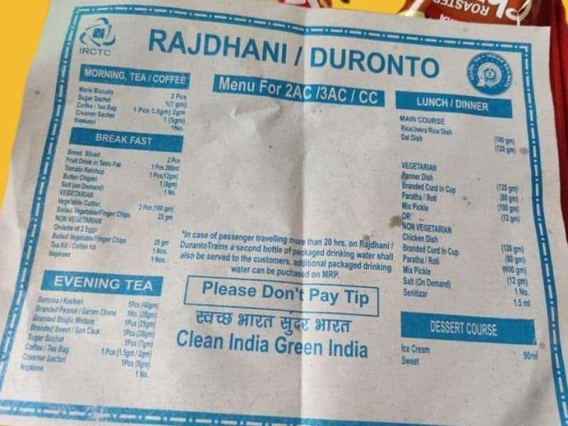 Rajdhani Express Menu