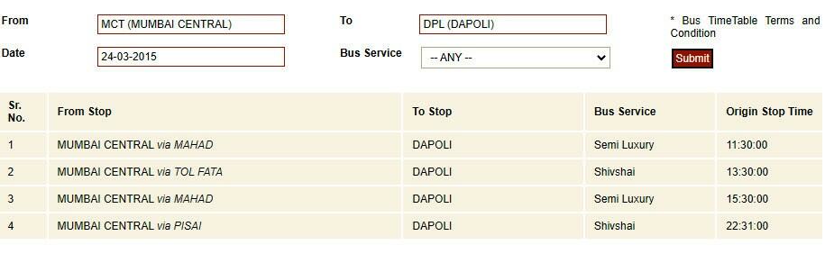 Dapoli from Mumbai  bus timetable