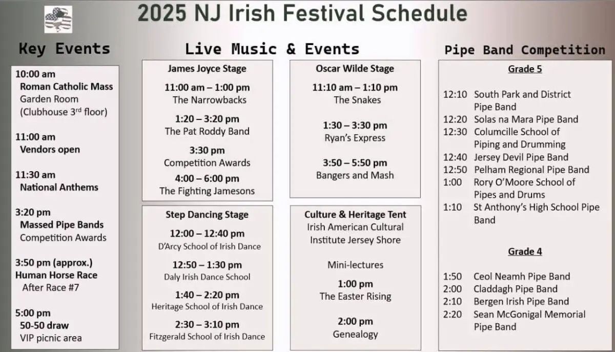 Irish Festival Schedule in Monmouth Park, NJ 2025